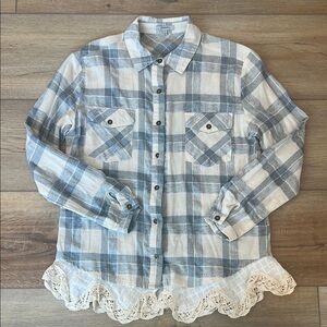 Jodifl Light Blue Plaid Button Down Shirt with Lace Hem